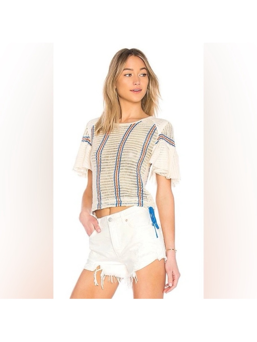 Free People Babes Only Crochet Knit Ruffle/Bell Sleeve Top Large